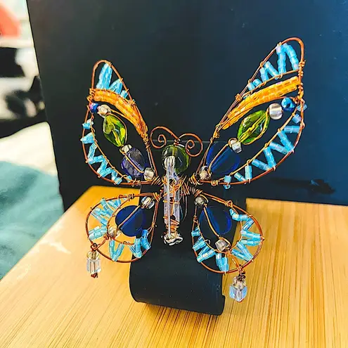 Handmade Copper Wire Wrapped Butterfly Pin Multi Color Beaded Statement Brooch Blue