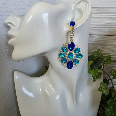 Statement Earrings Turquoise and Royal Blue Crystal Stones