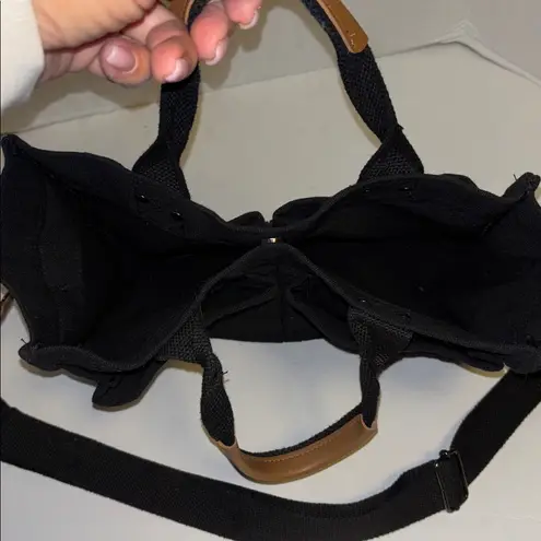 Black Canvas Tote Bag Brown Accents Detachable Strap 6 Pockets Outside on Bag