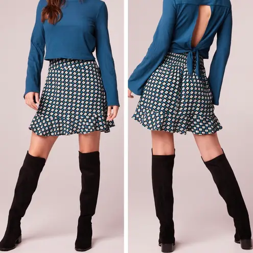 Band Of The Free New Diamond Print Ruffle Mini Skirt Colette Black Teal Sz Large