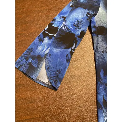 Clara Sun Woo Blue Floral Print Tunic Top Long Sleeve Asymmetric Hem Stretch SM Size L