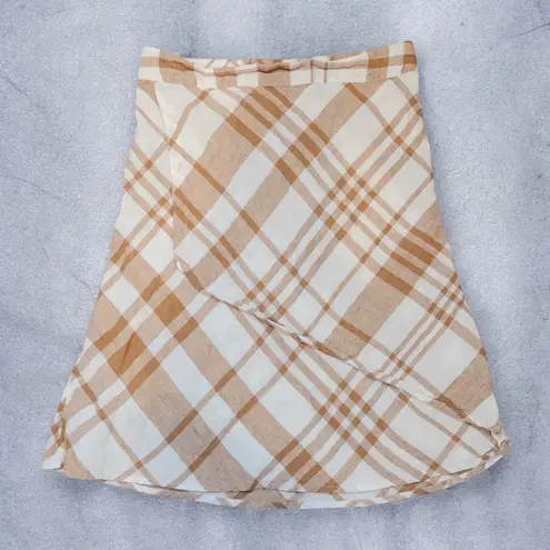 Flax 100% Linen Beige & White Check Faux Wrap Skirt Medium