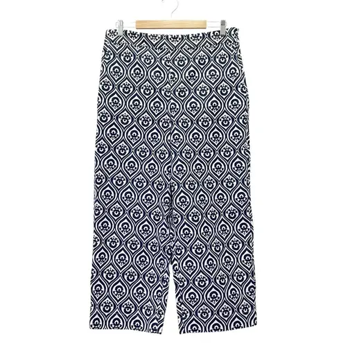 Boden Printed Crop Pants Size US 12 Geo Cascade Navy High Rise Wide Leg Trousers Blue