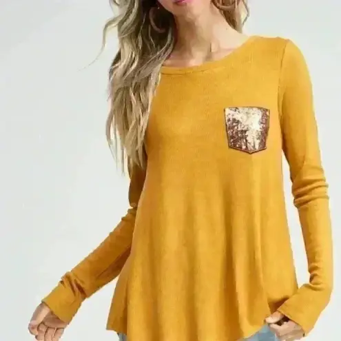 White Birch 9. Mustard Thermal‎ Top with Sequin Pocket and Buttons