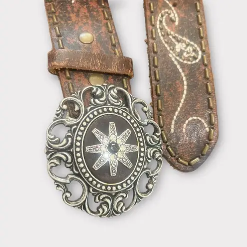 Bill Alder Brown Leather Belt with Silver Noona Buckle, Woven Floral Detailing
