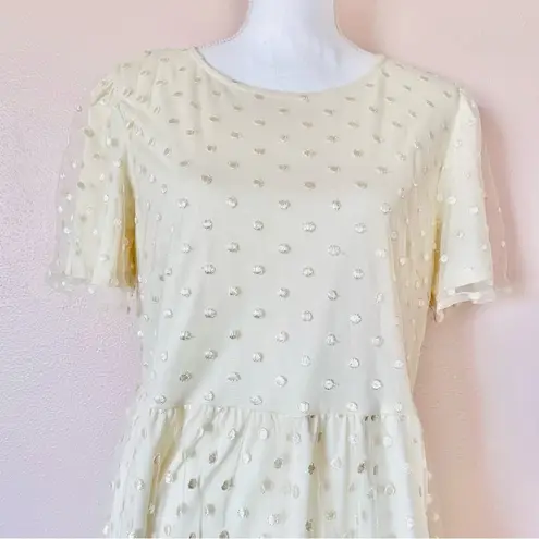 Polagram Cream Yellow Polkadot Embroidered Floral Tulle Short Sleeve Dress.