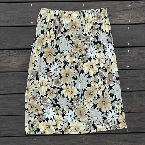 Vintage Black/Yellow N Touch Floral Midi Skirt Daisies w/ Elastic Waist Black Size XL