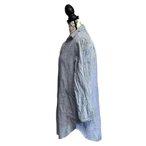 For Cynthia Women’s Blue White Striped Tunic Blouse Embroidered Floral Size S