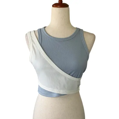 Fresral Stylish Two Tone Blue and White Asymmetrical Cutout Top Size L