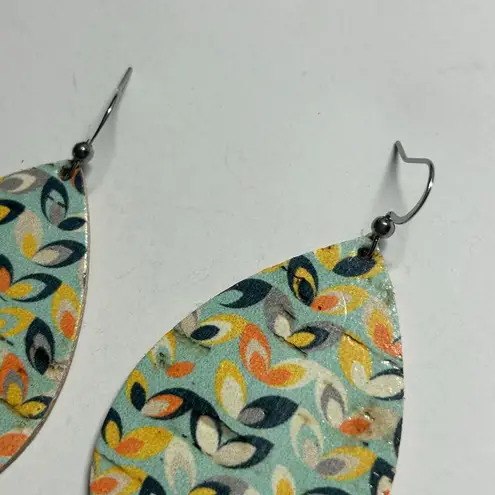 Handmade Cork on Leather Lotus Boho Whimsical Teardrop Earrings 2" New