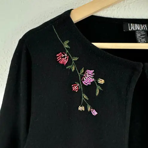 Laundry by Shelli Segal Vintage 90s Black Cashmere Wool Silk Beaded Floral Quarter Sleeve Cropped Shrug