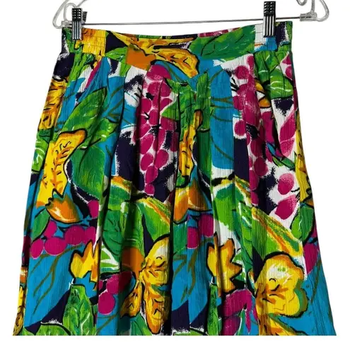Vintage Retro tropical colourful midi skirt elastic waist & pockets size medium Green