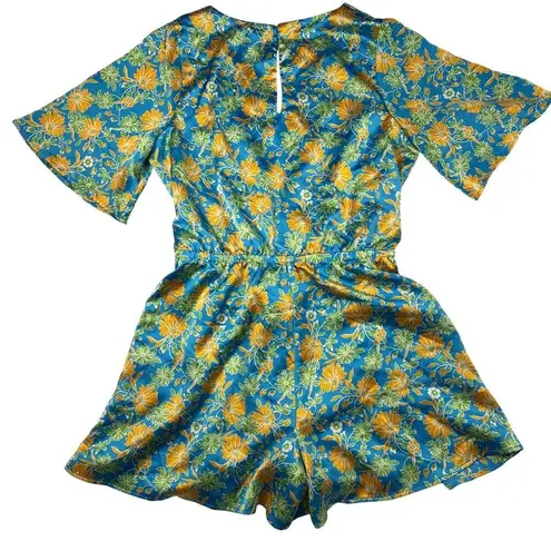 Skies Are Blue Anthropologie Aquatic Floral Tropical Surplice Romper Size M