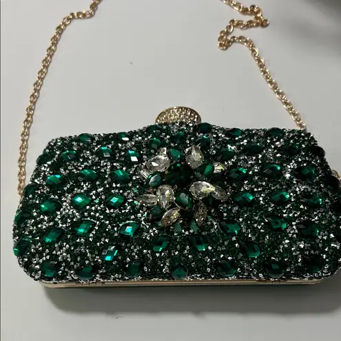 Emerald Crystal Evening Clutch with Gold Chain Green