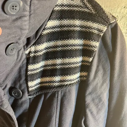 prAna Grey Coat with Striped Collar, stripe details at collar and cuffs, longer