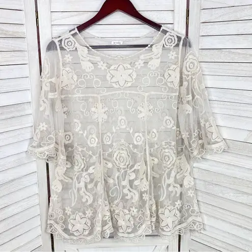 En Crème Boho Sheer Embroidery Lace Pullover Blouse Cream Medium