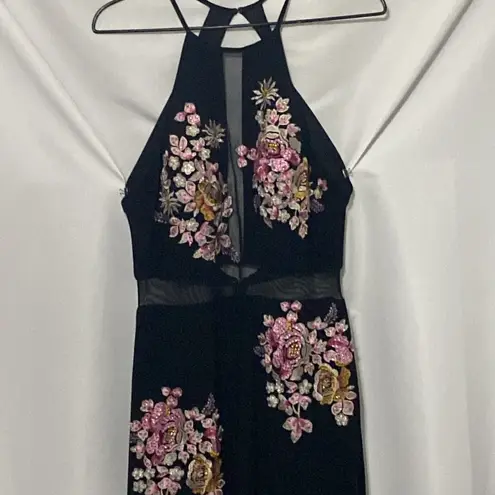 XScape WO SIZE 10 LONG MAXI EVENING DRESS BLACK BEADED EMBROIDERED FLORAL DESIGN