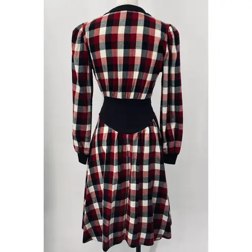 Vintage 80s Gingham Plaid Midi Dress Fit & Flare Shirtdress Collared Red Black 0