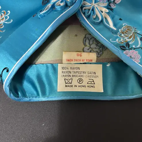 Vtg 80's Cheongsam Top Sz 38 Embroidered Aqua Floral Elegant Formal Traditional Blue