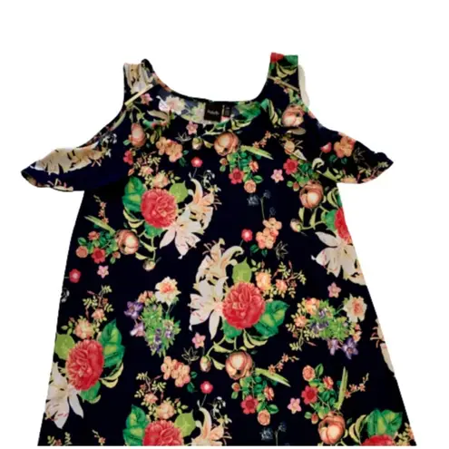 Rafaella Dress Blue Pink Yellow Floral Cold Shoulder Short Sleeve Dress Large