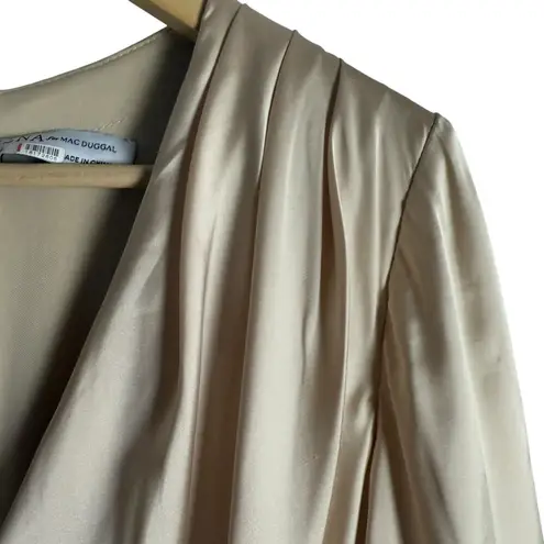 Mac Duggal Champagne Gold Long Sleeve Faux Wrap Slit Satin Evening Gown Size 12