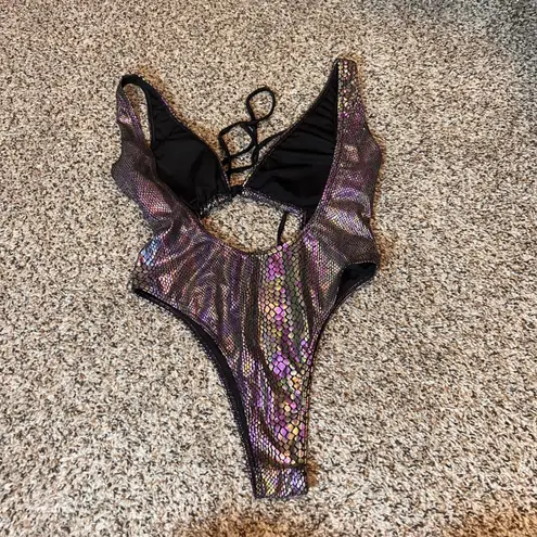 Iridescent Snake Print One Piece Swimsuit Plunge High Cut L Black Size L