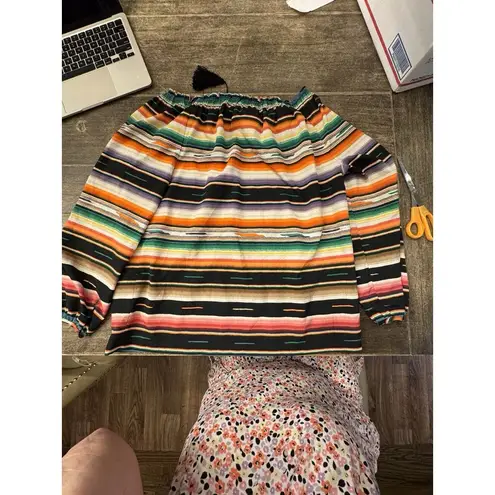 RALPH LAUREN Multicolor Serape Stripe Axtec Tassel Tie Peasant Top Size Medium