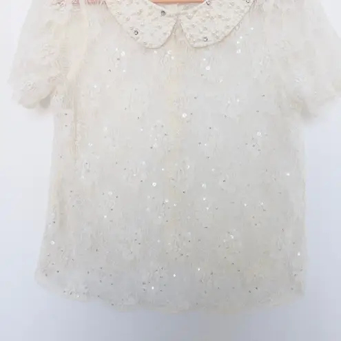 River Island Womens Top Size S Ivory Lace Sheer Pearl Collar Coquette Blouse