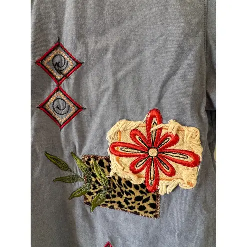 Vintage Bobbie Brooks Embroidered Patchwork Floral Stitched Button Top sz M Boho Blue Size M