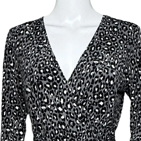 Leota Faux Wrap Midi Dress Womens M Black White Leopard Print Belted Career