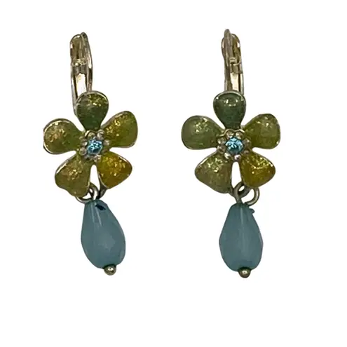 Avon Green Yellow Flower Necklace & Earrings Set Enamel Crystal Bead Vintage