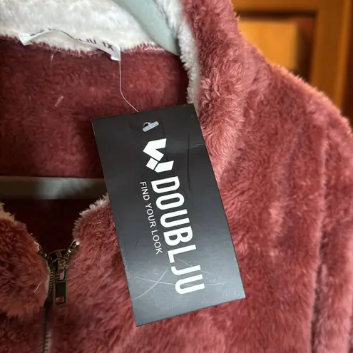 NWT Doublju Women's Soft Teddy Fleece Quarter Zip Pullover with Pocket Size 1X Pink