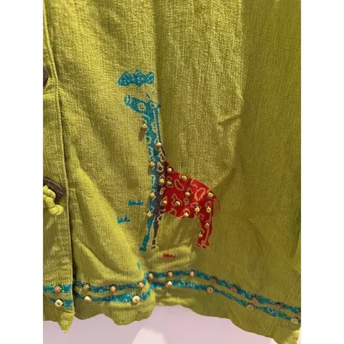 Vintage Mureli Women's Fine Linen Blend Green Beadwork Safari Giraffes Top, sz L Size L