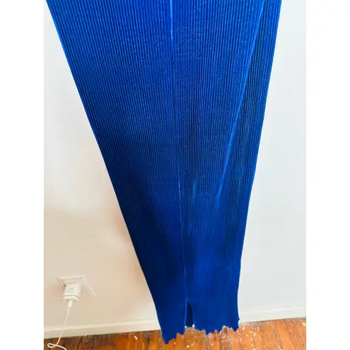 L’IDEE Regal Blue 90s One Shoulder High Neck Satin Plisse Lettuce Hemline Dress Size 10