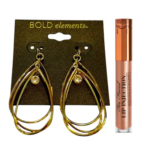Too Faced Full Size Lip Injection & Bold Elements Gold Tear Drop Earrings
