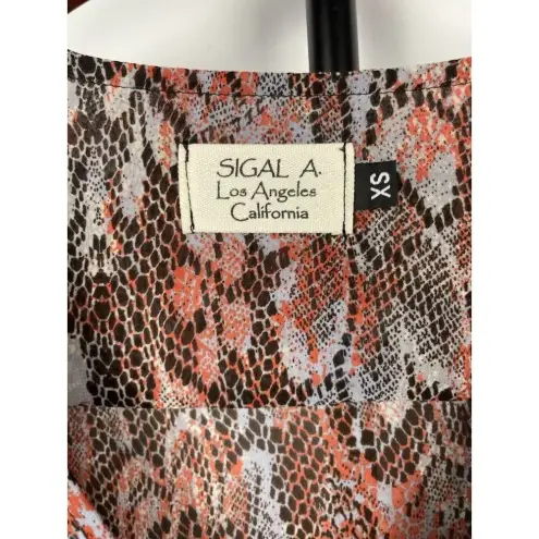 Sigal A. Multicolor Snake Print Sheer Crossover Long‎ Sleeve 100% Silk Blouse XS Gray