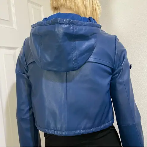 BCBGMAXAZRIA  Blue Cropped Hooded 100% Leather Jacket Size XS