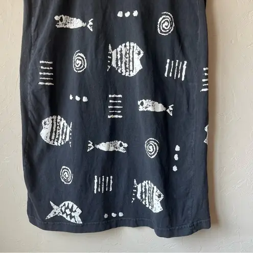 Cotton Fields Mac Black Fish Stencil Print Maxi Sleeveless Dress lagenlook Art Size L
