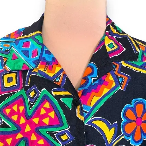 Vintage British Isles Shirt Black Rainbow Floral Abstract Art To Wear Button Up Black Size 10