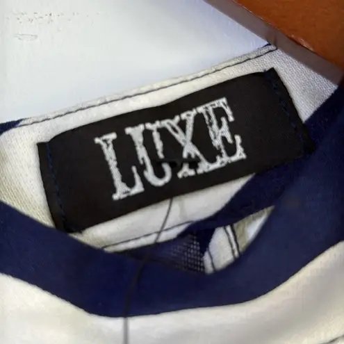 NWT Luxe Blue and White Halter Fit and Flare Mesh Back Cocktail Dress Size L Size L