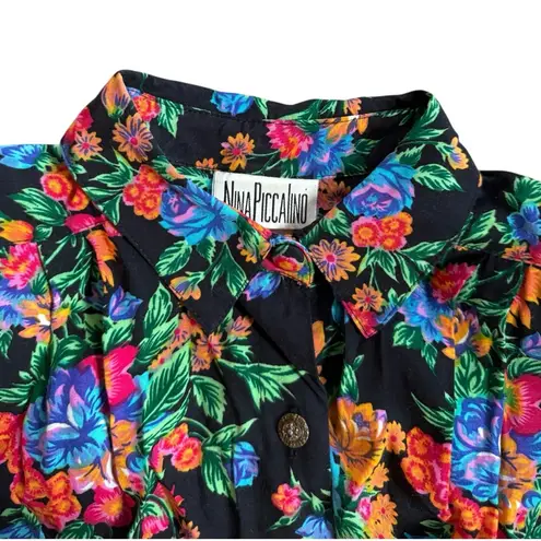 Vintage 80s Nina Piccalino Floral Button Down Shirt Dress Size 6 Black
