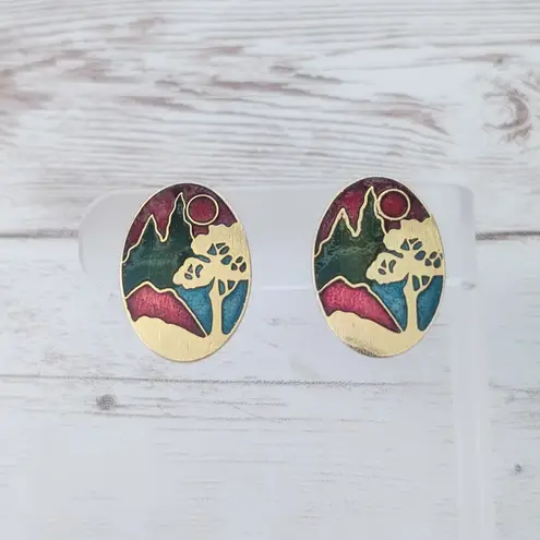 Vintage Clip On Earrings Unusual Statement Oval Large Tree and Mountain Scene