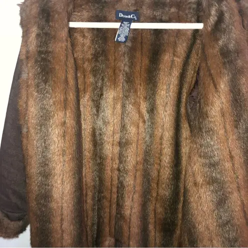 Denim & Co  Vintage Brown Denim Coat Faux Fur Lined Cuffs Collar Button Front SMALL