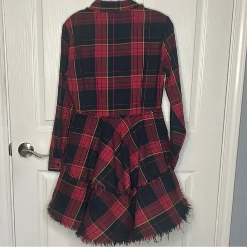 Belle Vere Sz M Plaid Frayed High Low Button Up Top Studded Waist Red Black