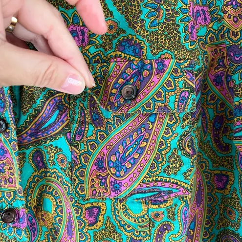 Van Heusen Sz L Button Front Blouse Top Funky Green Paisley Pockets Shirt