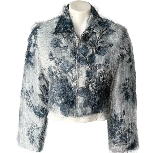 Vintage 90’s Rare Mesmerize Fuzzy Long Eyelash Zip Front Crop Top/Jacket, Sz S Blue