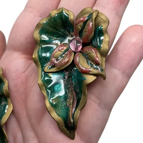 Vintage Unsigned Caladium Leaf Large Post Earrings Enamel Bohemian Boho Floral Multi