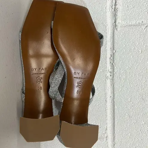 NEW By far sz38 silver metallic slip on heels open Tanya glitter leather sandal Size 7.5