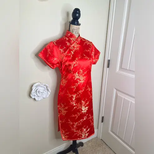 NTM: Vintage Golden Dragon Silk Red & Gold Floral Cheongsam Quito Dress Sz L