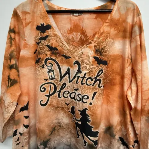 One World Halloween Top Womens Plus Size 2X Witch Orange 3/4 Sleeve V-neck Knit